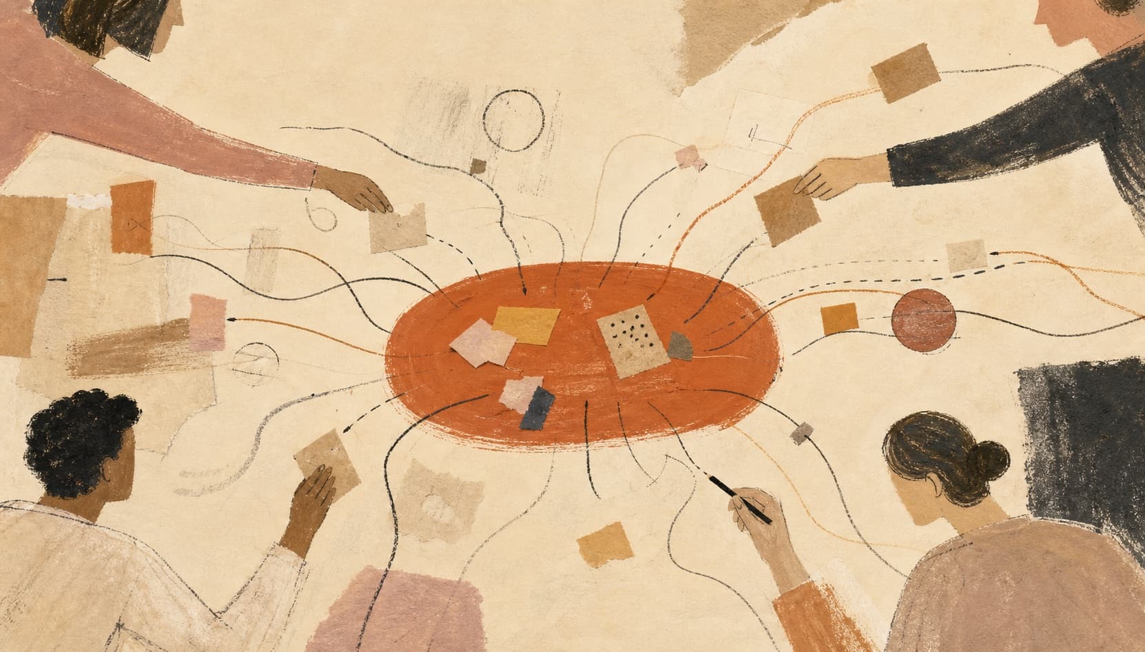 An abstract editorial illustration of ideas converging around a shared table