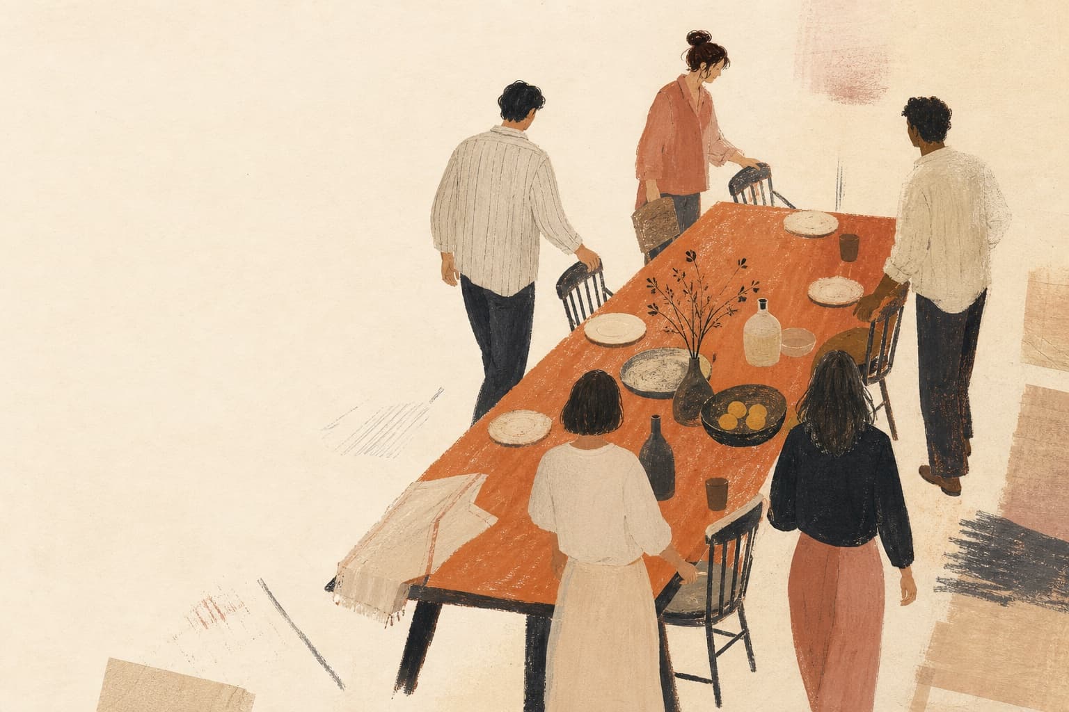An editorial illustration of friends gathering around a shared table